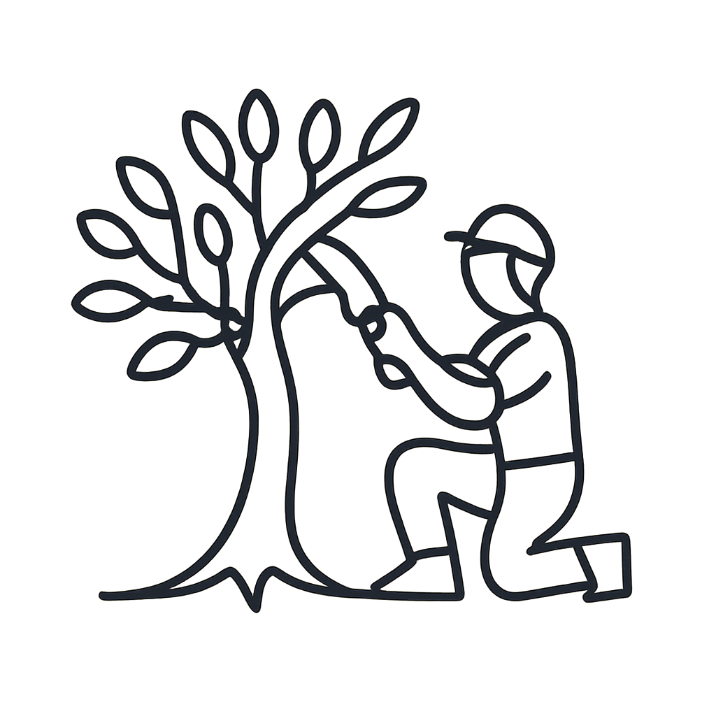 A simple illustration of a man kneeling, tending to a tree.