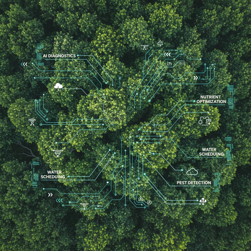 An aerial view of a wooded area with a central tree surrounded by surrounding trees and white and blue lines and symbols e...