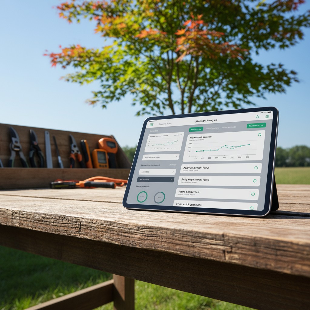 This tablet is sitting on an outdoor wooden table displaying an infographic that could be from a landscaping app.