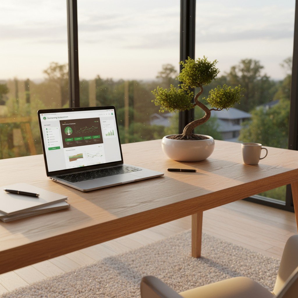 A modern office setting with a laptop on a desk, a bonsai tree, and a window offering a view of trees and a distant house.