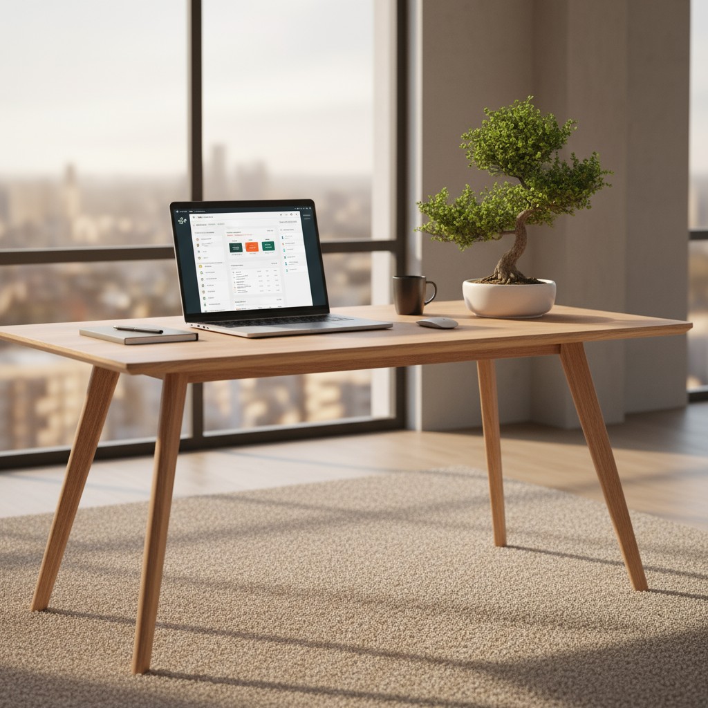 On a light wood table, a non-scientific bonsai tree is in a white ceramic pot on the right-hand surface near the window. N...